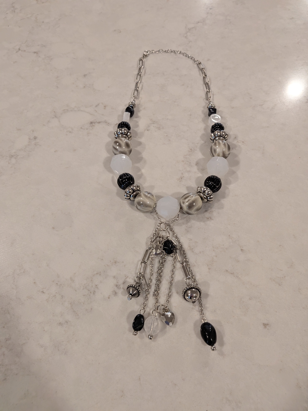 Silver-Tone Black & White Beaded Tassel Necklace